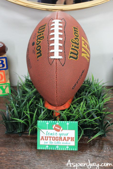 Fabulous Football Baby Shower ideas (and FREE printables!) that you are sure to LOVE! #footballbabyshower #footballparty #footballparty Football Retirement Party, Football Birthday Theme Ideas, Football First Birthday Party Food, Tailgate Theme Baby Shower Ideas, Tailgate Bridal Shower Ideas, Superbowl Baby Shower Theme, Sports Themed Baby Shower Ideas For Boys, Sport Theme Baby Shower Ideas, Football Baby Shower Games