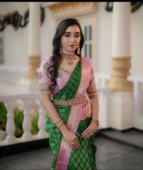 Pastel Colour Saree Indian Weddings, Pattu Saree Blouse Designs Latest 2024, Dhare Saree, Aariwork Designs, Green Kanchipuram Saree, Pastel Sarees, Kanchipuram Silk Saree Wedding, Green Sarees, Aari Blouses