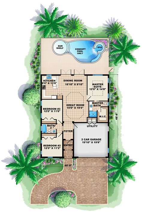 Small Mediterranean House Plans, Coffer Ceiling, Florida House Plans, Narrow House Plans, Mediterranean House Plan, Mediterranean Style House Plans, Pool House Plans, Mediterranean House Plans, Mediterranean House