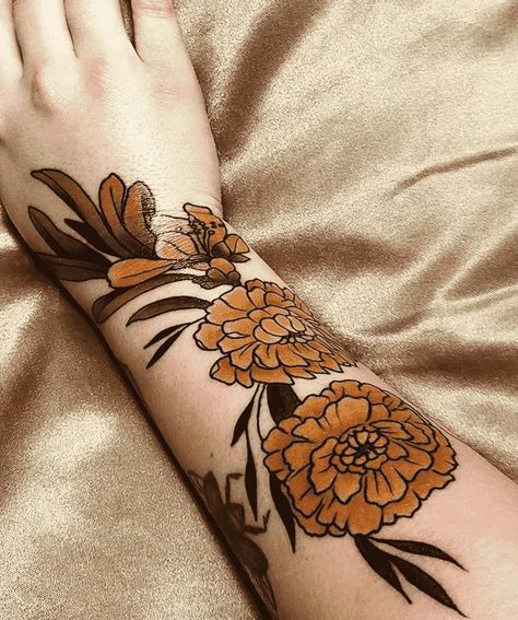 Marigold Petals Tattoo, Marigold Hand Tattoo, Marigold Sleeve Tattoo, Marigold Butterfly Tattoo, Marigold Tattoo Traditional, Marigold Tattoo Black And White, Traditional Marigold Tattoo, Marigold Tattoo Design, Marigold Tattoos