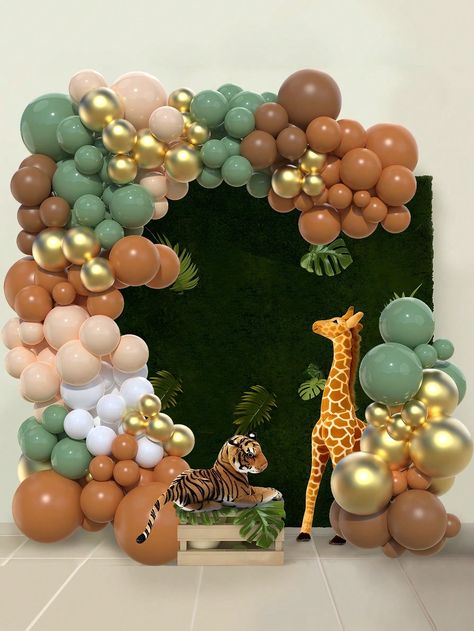 107Pcs Fauvism Animal Balloon Arch Garland Kit, Wild One Animal Theme Green Gold Coffee Brown Khaki Latex Balloons Jungle Party Theme Birthday Background Decor Multicolor    Latex     Event & Party Supplies, size features are:Bust: ,Length: ,Sleeve Length: Animal Balloon Arch, Deco Safari, Animal Party Decorations, Birthday Deco, Jungle Animals Party, Theme Green, Fall Ball, Jungle Theme Parties, Gold Coffee