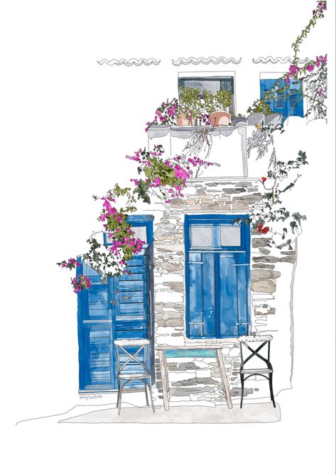 Greece Journal, Greek Illustration, Greece Illustration, Greece Drawing, Greek Home, Greek Buildings, Greek Flowers, Greece Art, Building Sketch