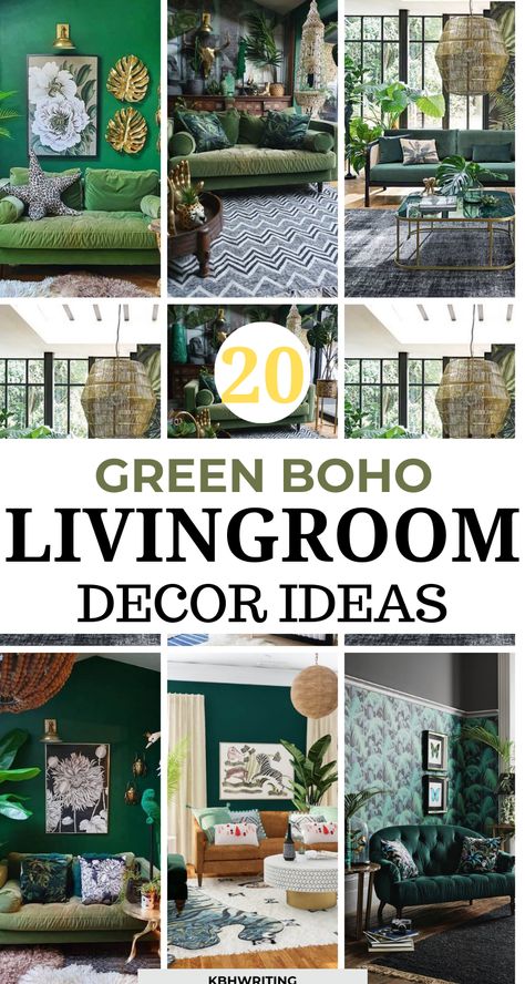 Explore 20 captivating green Boho living room ideas! From lush botanical accents to earthy tones, discover how the fusion of green hues and Bohemian style can create a serene and nature-inspired ambiance in your living space. #GreenBohoLivingRoom #LivingRoomInspiration #Bohemian Boho Living Room With Green Sofa, Mcm Green Living Room, Eclectic Green Living Room, Green Wall Boho Living Room, Green Walls Living Room Decor, Green Living Room Aesthetic, Green Boho Living Room, Green Living Room Paint Colors, Green And Gold Living Room