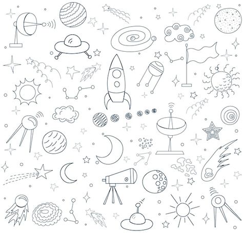 Premium Vector | Hand drawn cute space set. doodle sketch style. vector linear illustration. planets, aliens, rockets, ufo, stars isolated on white background. Planet Sketch, Tata Surya, Space Doodles, Doodle Background, Space Drawings, Baby Icon, Doodle Art Journals, Tattoo Flash Art, Doodle Sketch