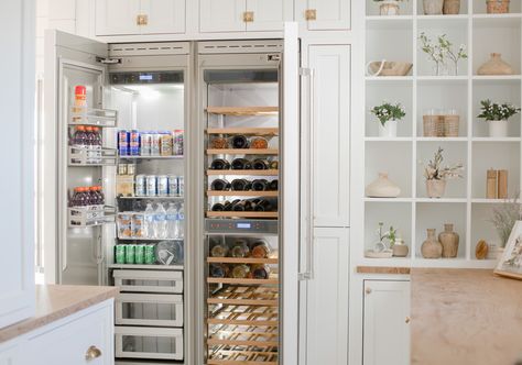 Pantry Reveal | Hestan Kitchen Wine Fridge, Oak Wine Rack, Column Refrigerator, Spanish Kitchen, Kitchen Refrigerator, Colorado Homes, Wine Fridge, French Door Refrigerator, White Cabinets