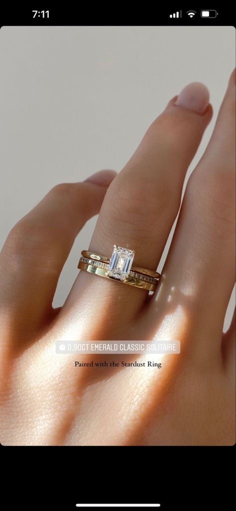 Emerald Cut Wedding Ring And Band, Engagement Rings With Solid Wedding Band, Rectangle Engagement Ring With Thick Wedding Band, Wedding Ring Stack Radiant, Emerald Cut Engagement Ring With Wedding Band Bridal Sets, Wedding Bands With Rectangle Diamonds, Fun Bride Reception Dress, Gold Emerald Wedding Rings, Timeless Engagement Rings Emerald