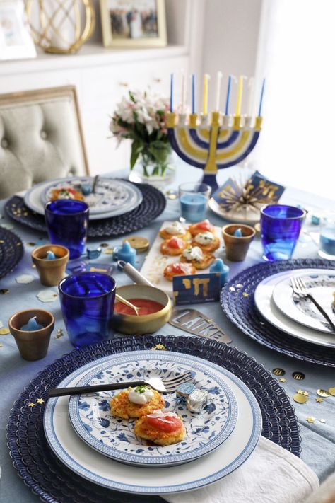 Hanukkah Tablescape, Hanukkah Table Setting, Blue Drinking Glasses, Hanukkah Dinner, Hanukkah Traditions, Shredded Potatoes, Potato Pancakes, Rosh Hashanah, Russet Potatoes