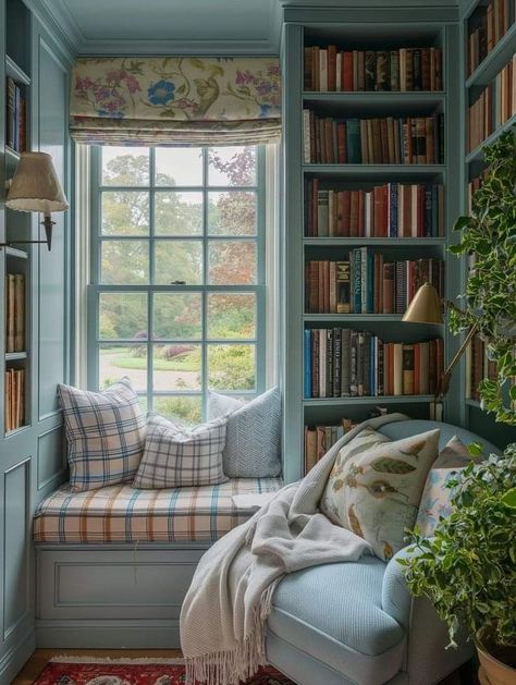 Reading Nook Window Seat, Reading Nook Window, Window Seat Ideas, Cottage House Interior, Cozy Home Library, Home Library Design, Window Seats, Cottagecore Decor, Home Libraries