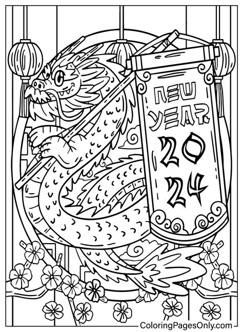 Happy New Year 2024 Coloring Page Printable - Free Printable Coloring Pages Year Of The Dragon 2024 Coloring Page, Lunar New Year Free Printable, 2024 Coloring Page, Lunar New Year Drawing, Chinese New Year Coloring Pages, New Years Drawing Ideas, Solar System Coloring Pages, Happ New Year, Strawberry Shortcake Coloring Pages