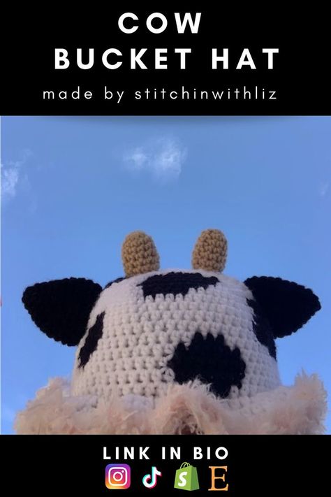 Handmade Crochet Cow Bucket Hat ✦Made with 100% Acrylic yarn ✦ Adult size available only at this time, 22-24 inches head circumference ✦ Hand wash with cold water, air dry. #crochet #crochetbuckethat #cowbuckethat #cow #buckethat #animalhat #crochetaesthetic #stitchinwithliz Crochet Cow Bucket Hat, Bucket Hat Ideas, Crochet Black And White, Cow Bucket Hat, Black And White Cow, Crochet Black, Crochet Cow, Crochet Bucket, Crochet Bucket Hat