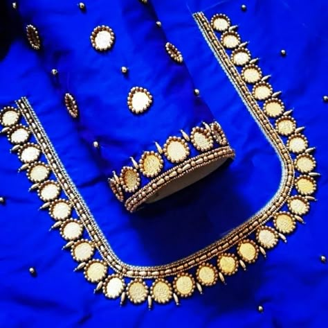 Blue Blouse Mirror Work Designs, Aari Coin Work Blouse, Simple Mirror Maggam Work Blouses, Coin Aari Work Blouse, Mirror Aari Work Blouse Design, Coin Work Blouse Designs, Simple Mirror Work Blouse Designs, Latest Simple Aari Work Blouse Designs, Blue Blouse Designs