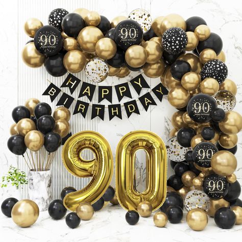 PRICES MAY VARY. 【90th Birthday Decorations】90th birthday party decorations for men include a 1 set "HAPPY BIRTHDAY" banner, 1x 32-inch 30th balloon, 5" latex balloon (Black * 15, Metallic Gold * 15), 10" latex balloon (Black * 25, Metallic Gold * 25), 12" latex balloon (Black 30 * 5, Gold Confetti Balloon * 5, Black Star Balloons * 5) , 1x balloon dot glue, 1x balloon strip. 【Easy to Assemble】 For your convenience, we have provided balloon strips and glue to help you make balloon wreaths or arches. You can inflate them and assemble them according to your preferences. Any combination is very atmospheric and definitely a cost-effective choice! 【Various Party Decorations】Black gold provides a different visual experience, which is very suitable for men and women at the 90th birthday party. Th 30th Bday Centerpieces For Men, Birthday 30 Men Decor, Black And Gold 30th Birthday Decor, 30th Birthday Balloons Decoration, Guys 30th Birthday Ideas, 30th Birthday Decorations For Men, 30th Birthday Decor, 90th Birthday Party Decorations, 60th Birthday Balloons