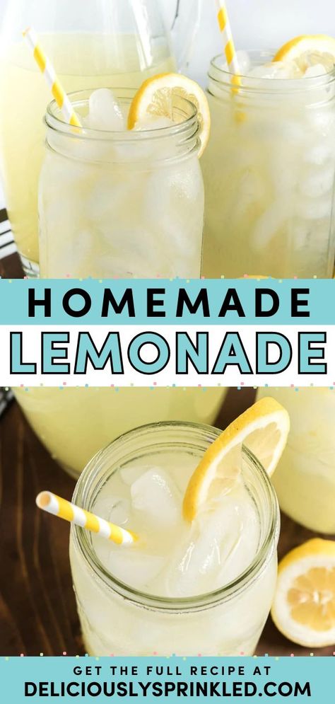 Learn how to make Homemade Lemonade! 3 ingredients are all you need for this non-alcoholic drink. Not only is this fresh squeezed lemonade the perfect beverage idea on a hot day, but it is also great for lemonade stands! Save this easy summer recipe! Fresh Lemonade Recipe, Good Lemonade Recipe, How To Make Lemonade, Lemonade Stands, Homemade Lemonade Recipes, Fun Summer Drinks, Best Lemonade, Fresh Squeezed Lemonade, Peach Lemonade