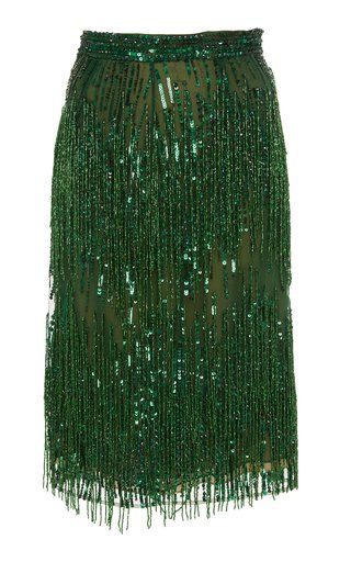 Beaded Fringe Skirt by Naeem Khan Green Sequin Skirt, Marchesa Fashion, Long Green Skirt, Cloth Collection, Stylish Fall Outfits, Dream Outfits, Skirt Fabric, Naeem Khan, Stylish Skirts