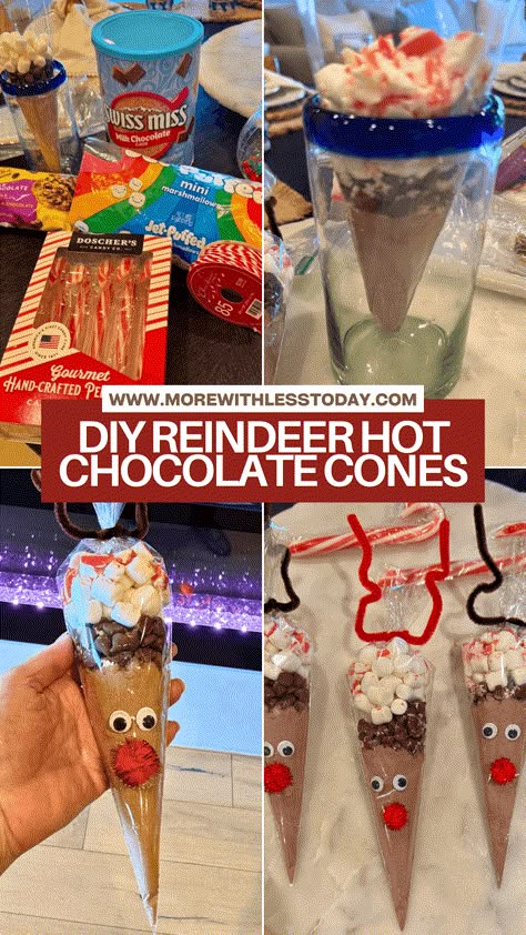 DIY Hot Chocolate Reindeer gifts Diy Reindeer Hot Chocolate Cones, Reindeer Cocoa Cones, Reindeer Hot Chocolate Cones Easy Diy, Hot Cocoa Stirrers Diy, Cute Hot Chocolate Gifts, Diy Hot Chocolate Gifts, Diy Hot Cocoa Gift, Reindeer Hot Chocolate Cones, Homemade Gifts For Teachers