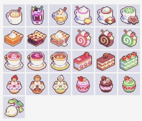 Cute Art Patterns, Grape Pixel Art, Pixel Art Food 32x32, Pixel Art Dessert, Pixel Food Icon, Pixel Art Bakery, Pixel Art Boba, Pixel Food Art, Cute Pixel Art Kawaii