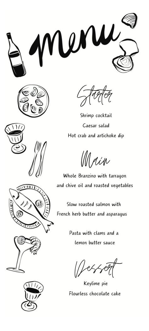 Hand drawn fish themed menu template. Black and white illustrated dinner party or wedding menu for digital download that is editable in Canva. Fun Menu Ideas, Illustrated Menu Design, Black And White Menu Design, Hand Drawn Menu Design, Fish Menu Design, Dinner Party Menu Design, Italian Menu Design, Wedding Menu Food, Themed Dinner Party Ideas