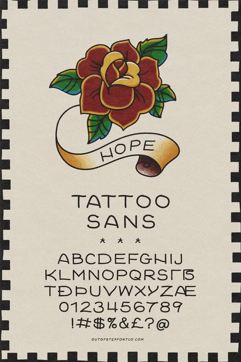 The Hope Flower - Traditional Tattoo Flash American Traditional Text Tattoo, Hand Tattoo Font, Traditional Tattoo Writing, Traditional Tattoo Lettering, Traditional Tattoo Font, Company Fonts, Tattoo Font Styles, Hope Flower, Edgy Fonts