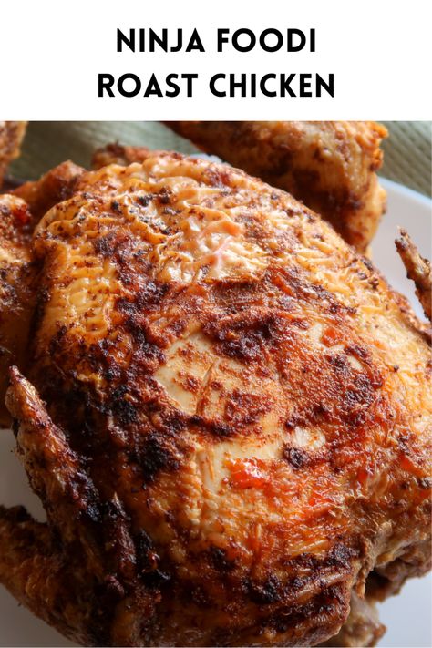 How to roast a chicken in the Ninja Foodi. Ninja Whole Chicken, Ninja Foodi Roasted Chicken Whole, Roasted Chicken Ninja Foodi, Roast Chicken Ninja Foodi, Ninja Foodi Roast Chicken, Whole Chicken In Ninja Foodi Air Fryer, Ninja Roasted Chicken, Ninja Foodi Whole Chicken Recipes, Ninja Foodi Grill Recipes Chicken