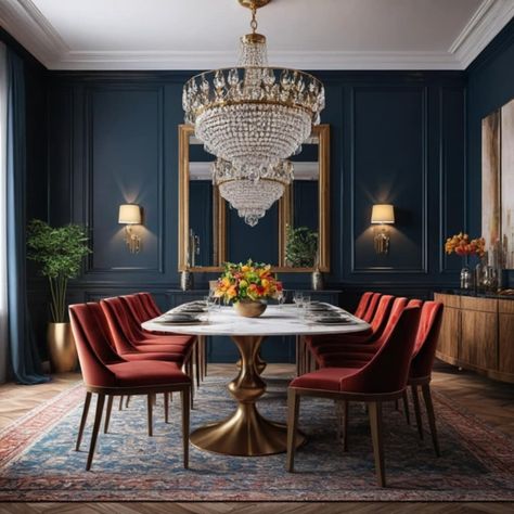 Moody Jewel Tone Dining Room, Dark Blue Dining Room, Moody Dining Room, Dining Room Navy, Statement Chandelier, Plush Chair, Stylish Dining Room, Dining Room Blue, Park House