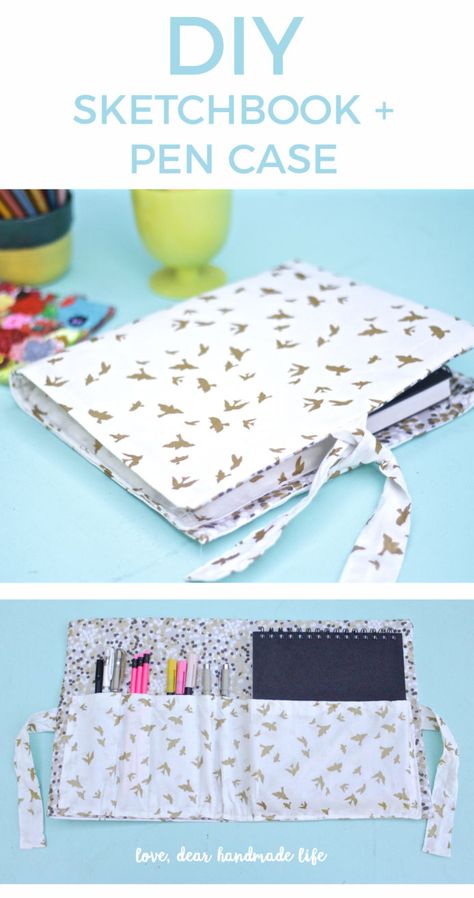 How to sew a diy sketchbook and pen case easy sewing tutorial from Dear Handmade Life Diy Sketchbook How To Make, Sewing Sketchbook, Diy Sketchbook Cover, Pen Case Diy, Diy Sketchbook, Sketch Book Cover, Sewing Kit Bag, Journal Things, Watercolor Travel