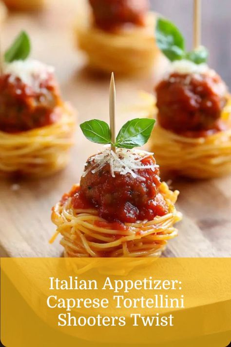 Tiny bites of spaghetti and meatballs, a fun Italian finger food for party appetizers. Mini Italian Appetizers, Italian Night Dinner Party Appetizers, Pasta Hors D’oeuvres, Italian Thanksgiving Appetizers, Italian Horderves Appetizers, Fancy Meatball Appetizers, Fall Italian Appetizers, Appetizers For Spaghetti Dinner, Italian Foods For A Party