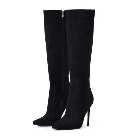 PRICES MAY VARY. 👢 Heel measures 4 inch.Shaft height measures approximately 22.97 inch .Stilletos heels boots Calf girth measures approximately 15.35 inch . 👢 Womens stiletto heel knee high boots have a soft faux leather upper and zipper closure design that acts as a great versatile style. Featuring pointy toe, high heel, finished with cushioned insole, soft interior lining, and side zipper closure for easy on/off. 👢 Comfy Knee High Boots To Wear：pointed-toe leather knee high boots come with Pointed Knee High Boots, Suede Black Boots, Knee High Pointed Toe Boots Outfit, Black Boots Heels, Stilletos Heels, Knee High Boots Leather, Boots With Heels, Boot Heels, Closure Design