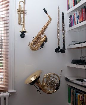 Penty of stands available! Saxophone Wall Mount, Instrument Display Wall, Instrument Display Ideas, Instrument Room, Instrument Display, Flute Stand, Home Music Rooms, Brass Instrument, Music Room Decor