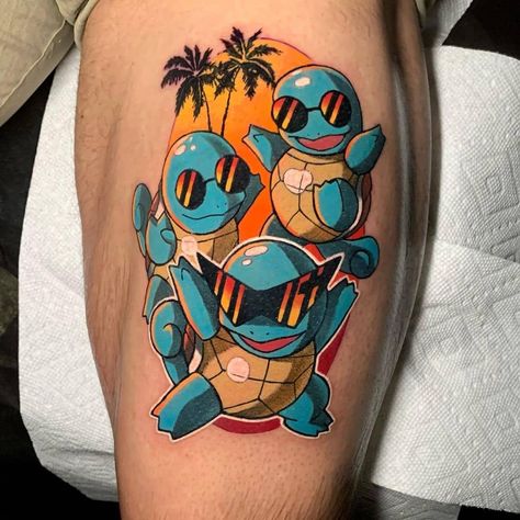 Squrtile Squad, Cool Squirtle Tattoo, Squirtle Squad Tattoo, Traditional Pokemon Tattoo, Pokemon Tattoo Design, Squirtle Tattoo, Pokemon Tattoo Ideas, Charmander Tattoo, Gengar Tattoo