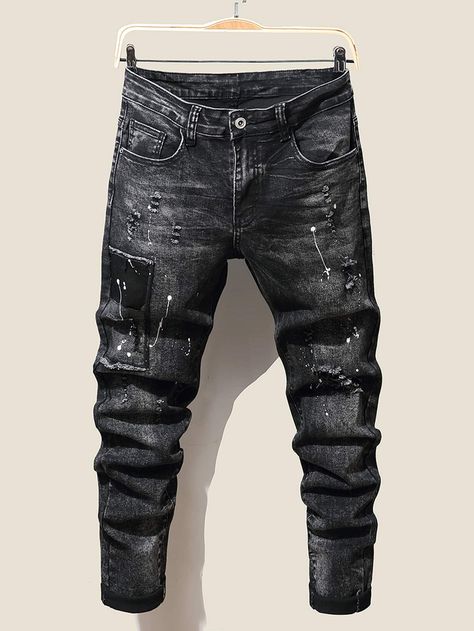 Dark Grey    Denim Graphic Straight Leg Embellished Slight Stretch  Men Denim Drip Jeans Men, Painted Ripped Jeans, Drip Pants, Drip Jeans, Ropa Punk Rock, Grey Jeans Men, Ripped Denim Pants, Mens Designer Jeans, Dark Grey Jeans