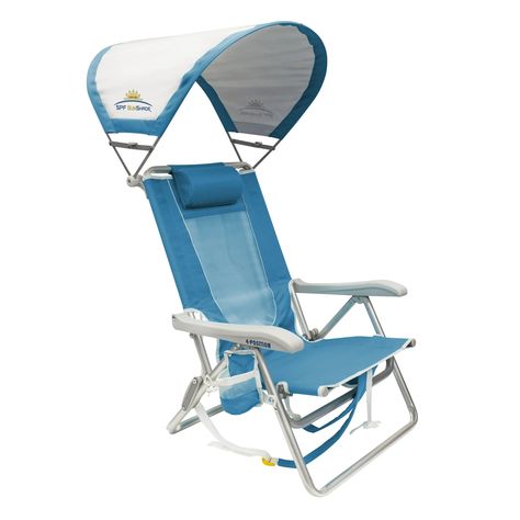 GCI Outdoor SunShade Backpack Beach Compact Reclining Low Profile Chair, Saybrook Blue - Walmart.com Frame Backpack, Folding Canopy, Backpack Beach Chair, Beach Chair With Canopy, Chair Pictures, Relaxing Outdoors, Outdoor Sun Shade, Foldable Chairs, Shade Canopy