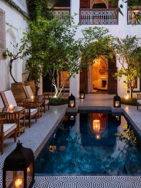 9 Cool Riads To Book In Marrakech | SheerLuxe Best Riads In Marrakech, Riads In Marrakech, Moroccan Garden, Moroccan Houses, Modern Mediterranean Homes, Moroccan Riad, Spanish Style Architecture, Design Marocain, Riad Marrakech