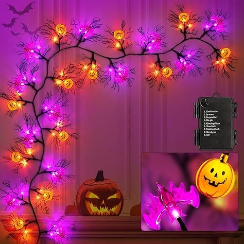 Twig Garland, Twigs Decor, Halloween Party Events, Bat Light, Vine Decoration, Wall Fireplace, Fall Leaf Garland, Halloween Ghost Decorations, Fireplace Mantle Decor