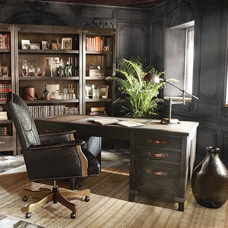 Tremont Brown Executive Desk #arhaus #office Masculine Office Ideas, Campaign Style Furniture, Executive Office Furniture, Maida Vale, Arhaus Furniture, Warehouse Design, Small Space Office, Studio Inspiration, Filing Cabinets