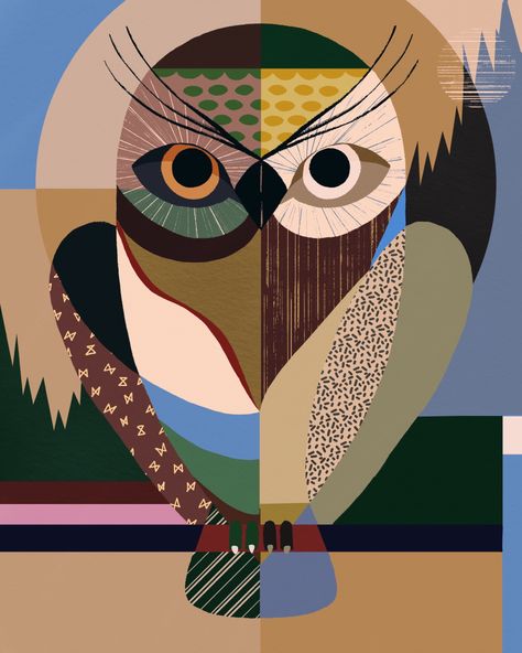 artist ig: alteralunis Stylised Animals, Parrot Drawing, Geometric Owl, Whimsical Wall Art, Owl Illustration, Cubism Art, Geometric Animals, Indian Art Paintings, Owl Art