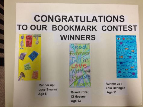 Congratulations to the winners of our bookmark contest! Bookmark Contest Ideas, Bookmark Contest, Library Games, Creative Bookmarks, Bookmarks Kids, Library Decor, Age 11, Library Ideas, Contest Winner