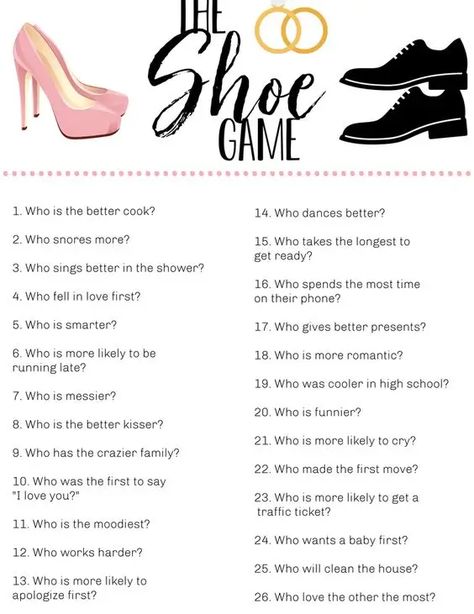 170+ Funny Wedding Shoe Game Questions - Party & Beyond! Anniversary Shoe Game, Wedding Shoe Game Questions, Shoe Game Questions, The Wedding Shoe Game, Wedding Shoe Game, Bridal Shower Questions, Wedding Rings Teardrop, Ceremony Songs, Game Questions