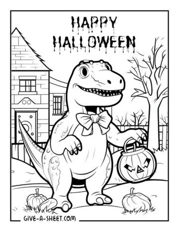 Trick or treat dinosaur with pumpkin halloween coloring sheet. Disney Halloween Coloring Pages, Halloween Coloring Pictures, Coloring Halloween, Halloween Coloring Pages For Kids, Moldes Halloween, Free Halloween Coloring Pages, Halloween Coloring Sheets, Halloween Coloring Book, Printables Free Kids