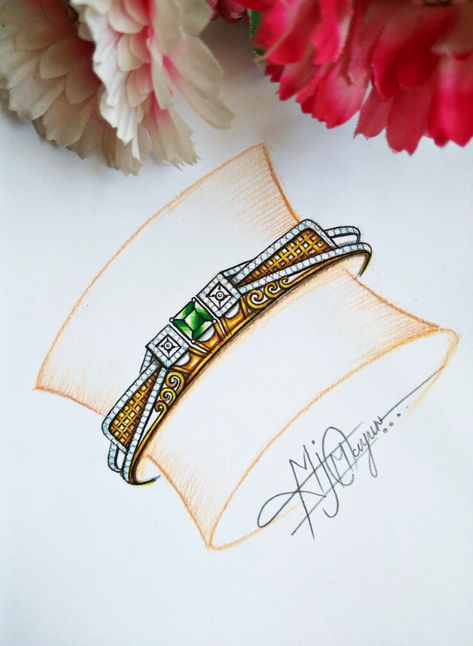 Bangles Jewelry Designs Drawing, Manual Illustration, Jali Work, Fancy Bangles, Jewellery Illustration, Jewelry Mood Board, Oval Bangle, Stone Bangles, Diamond Jewelry Earrings