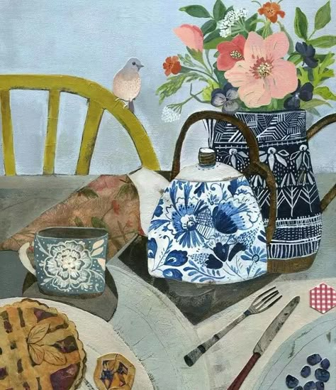 Rachel Grant Art, Rachel Grant, Beautiful Collage, Still Life Art, Art And Illustration, Arte Floral, New Artists, Still Life Painting, Tea Pot