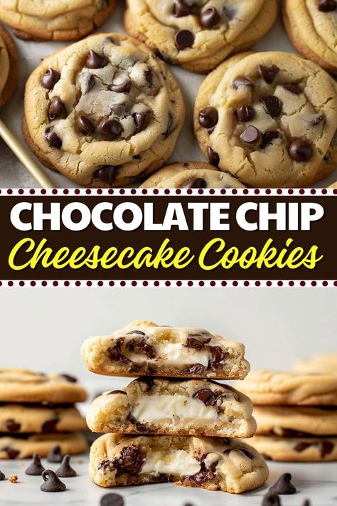 These chocolate chip cheesecake cookies are soft, chewy, and loaded with gooey chocolate. They're also stuffed with a dreamy cheesecake filling! Choc Chip Cheesecake Cookies, Chocolate Chip Cookie Cups Muffin Tin, Cheesecake Stuffed Chocolate Chip Cookies, Cheesecake Chocolate Chip Cookies, Chocolate Chip Cheesecake Cookies, Chocolate Chip Cheesecake Cookies Recipe, Cc Cookies, Best Ever Chocolate Chip Cookies, Cream Cheese Chocolate Chip Cookies