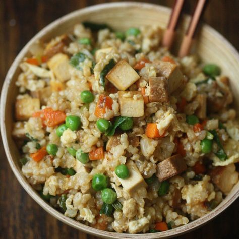 Smoked Tofu Fried Brown Rice with Sweet Peas Recipe - Phoebe Lapine | Food & Wine Spicy Fried Rice, Tofu Fried, Smoked Tofu, Veggie Fried Rice, Vegetarian Main Course, Fried Brown Rice, Spicy Rice, Pea Recipes, Fit Food