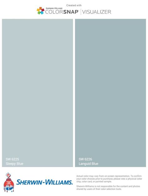 Perfect Pale Blue Pairing - Sleepy Blue and Languid Blue by Sherwin Williams Sw Powder Blue, She Twin Williams Light Blue, Pale Blue Sherwin Williams, Light Blue Basement Walls, Sherwin Williams Periwinkle, Sleepy Blue Sherwin Williams Bedroom, Languid Blue Sherwin Williams Cabinets, Blue Horizon Sherwin Williams, Mild Blue Sherwin Williams