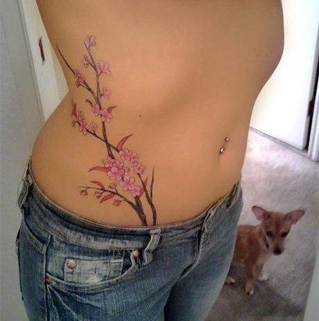 http://tattoomagz.com/lovely-hips-tattoos/pretty-pink-flowers-hip-tattoo/ Hip Tattoos For Girls, Tattoo Cherry, Flower Hip Tattoos, Tattoos To Cover Scars, Cherry Tattoos, Stomach Tattoos, Blossom Tattoo, Cherry Blossom Tattoo, Thigh Tattoos Women