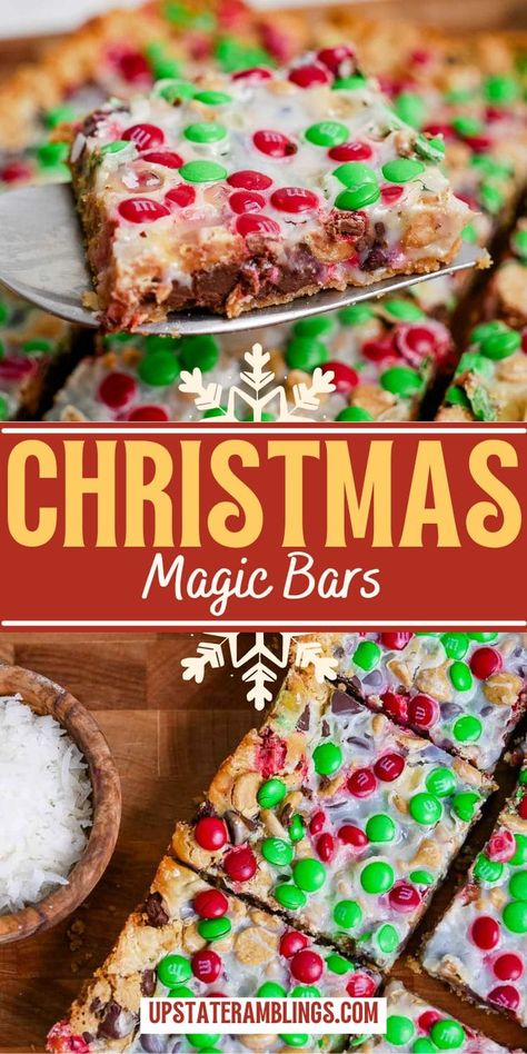 Holiday Magic Cookie Bars, Magic Bars Christmas, Fantasy Bars Recipe, Magic Cookie Bars Christmas, Magic Christmas Bars, Christmas Candy With M&ms, Magic Seven Layer Bars, Magic Brownie Bars, Christmas Magic Bars Recipe