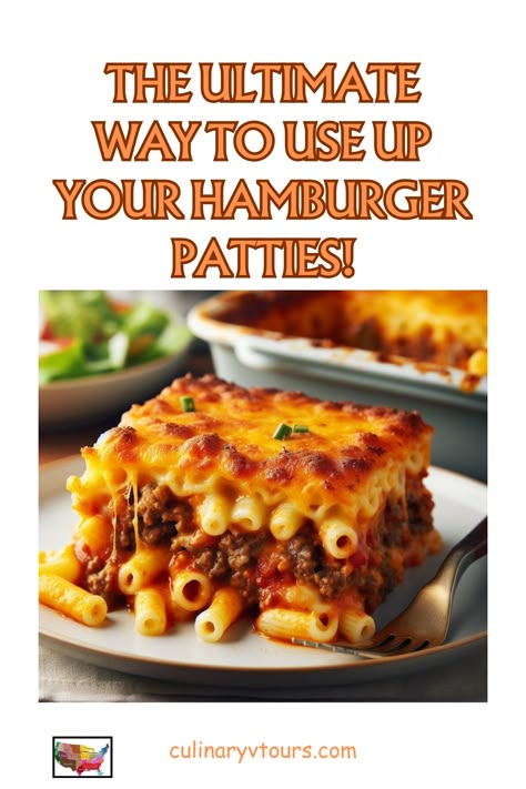 If you’re looking for a simple and delicious way to use up leftover hamburger patties, look no further than this casserole recipe. It’s a family-friendly dish that’s loaded with flavor and texture. You’ll love the combination of tender pasta, juicy beef, creamy sauce, and melted cheese. It’s easy to make and customize with your favorite ingredients. Just mix, layer, and bake. You’ll have a hearty and tasty dinner in no time. #casserolerecipes #hamburgerrecipes #cheesydinner Leftover Burger Patties Recipes, What To Do With Hamburger Meat, Leftover Hamburger Meat, Leftover Hamburger Patties, Leftover Burgers, Recipes Using Hamburger, Soup Cheese, Burger Patty Recipe, Hamburger Recipes Patty