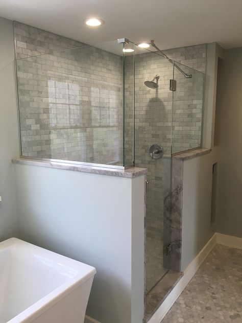 Walled In Shower With Glass Door, Partial Glass Shower Wall, Glass Shower Wall No Door, Glass Walk In Shower Ideas, No Glass Shower Walk In, Bougie Bathroom, Shower Glass Enclosure, Half Wall Shower, Glass Shower Wall