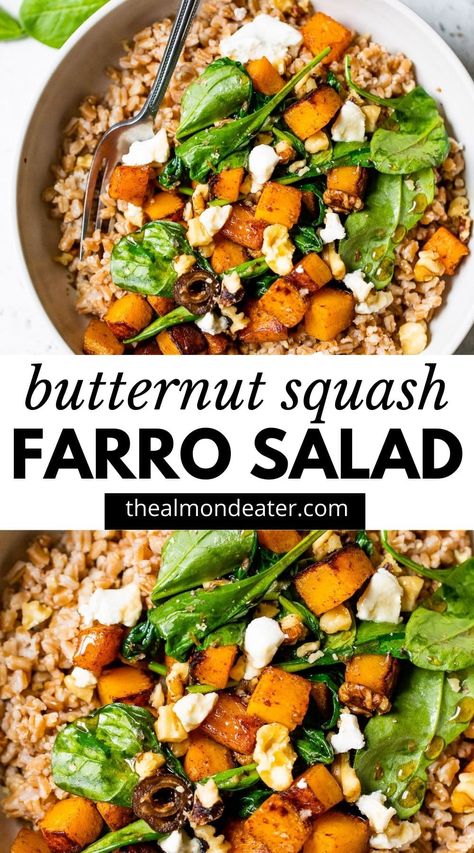 Farro And Butternut Squash Recipes, Squash Farro Salad, Butternut Squash Farro, Spinach And Goat Cheese, Farro Salad Recipes, Butternut Squash Spinach, Farro Recipes, Bowl Meals, Butternut Squash Salad