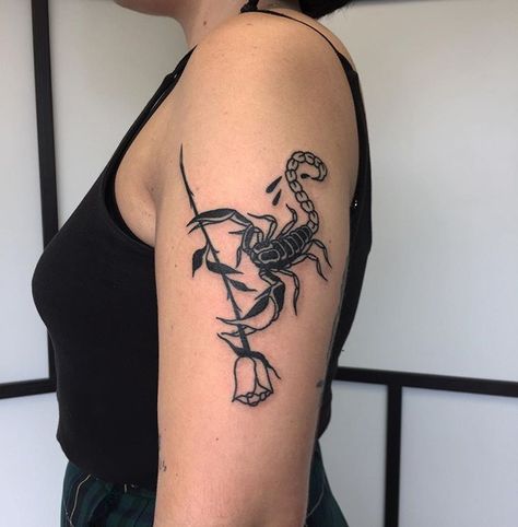 Scorpion and rose black tattoo on the left arm Scorpio Zodiac Tattoos, Romantic Questions, Web Tattoo, Scorpio Tattoo, Scorpion Tattoo, Inspiration Tattoos, Red Ink Tattoos, Shoulder Tattoos For Women, Zodiac Tattoo