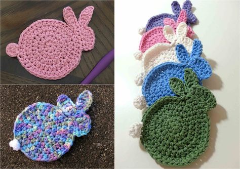 Crochet Easter Bunny Coasters Rabbit Coaster Crochet, Crochet Easter Coasters Free Pattern, Crochet Bunny Coasters Free Pattern, Easter Coasters Crochet, Crochet Bunny Coaster, Crochet Animal Coasters, Bunny Coaster, Bunny Pretty, Easter Coasters